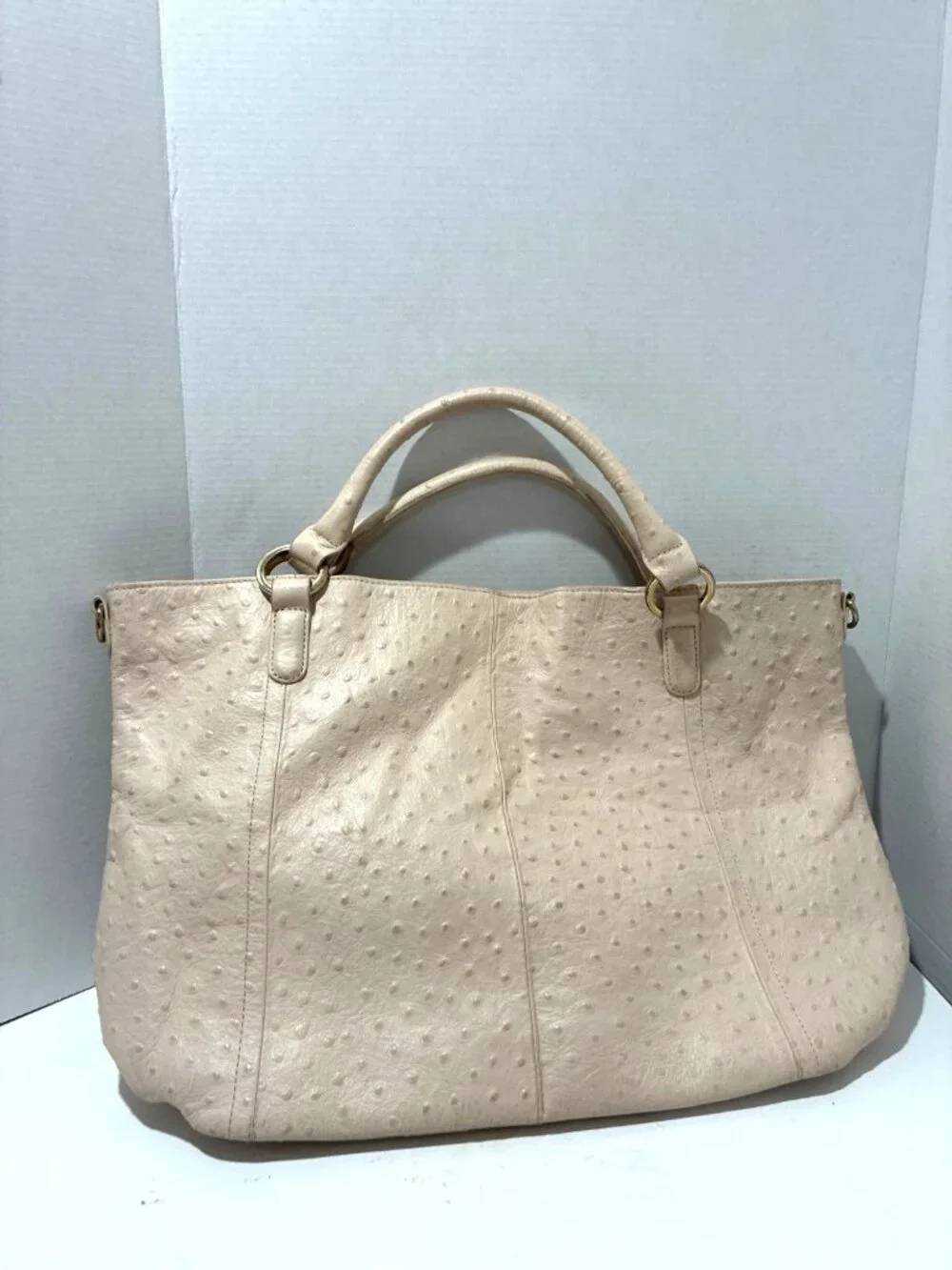 G.I.L.I. cream ostrich-embossed leather satchel gold-tone hardware dual handle